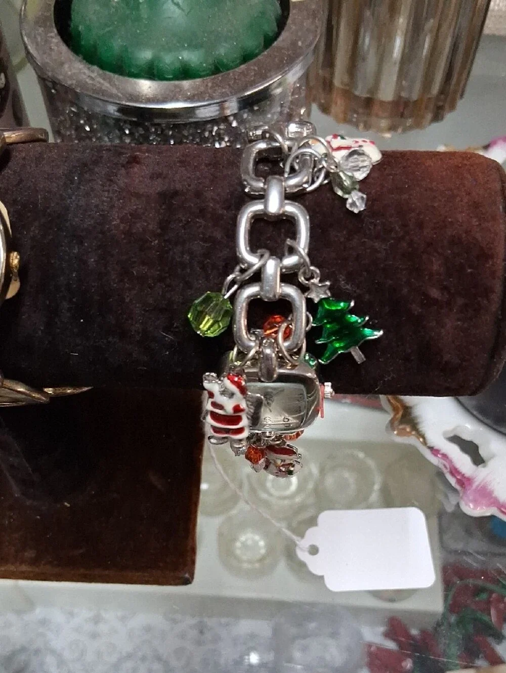 Geneva Silver-Tone Charm Bracelet Watch with Red & Green Accents